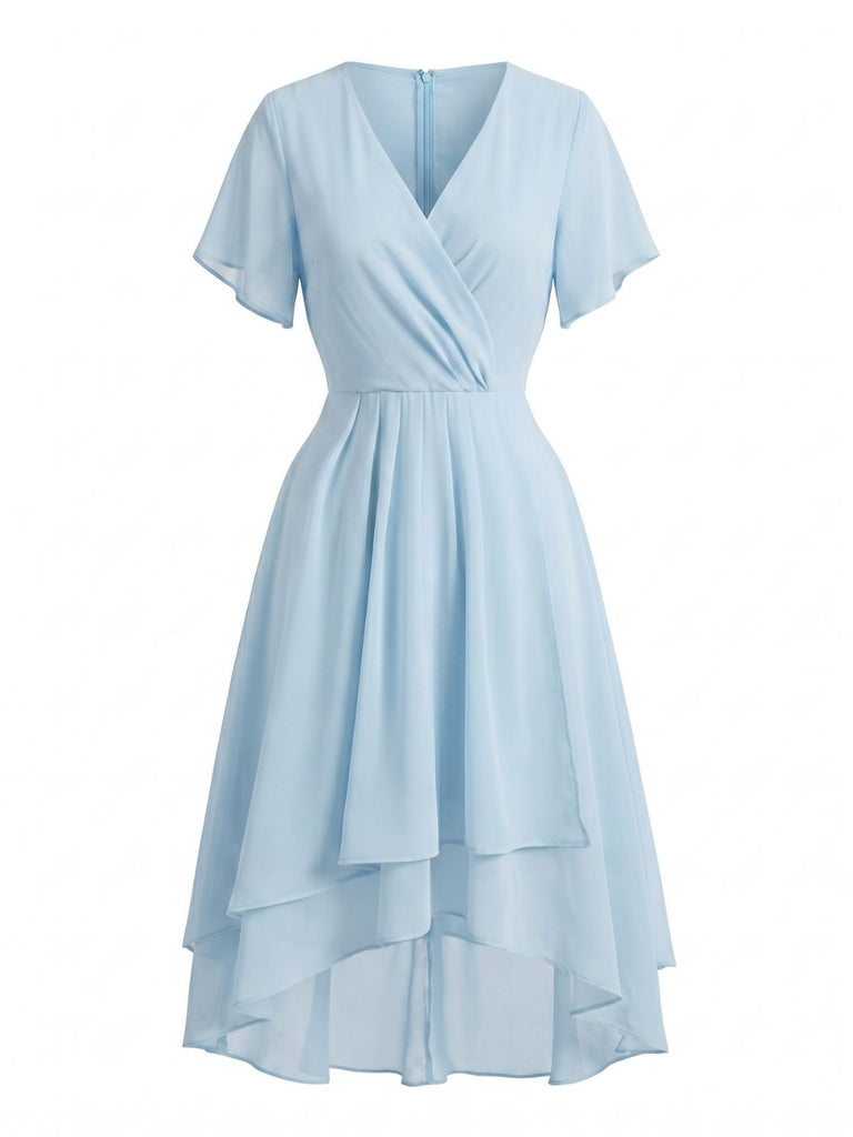 Abito Anni '50 in Chiffon Asimmetrico con Maniche a Volant e Scollo a V
