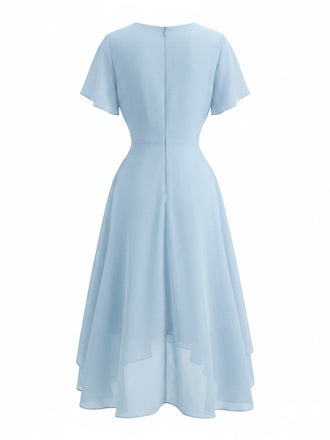 Abito Blu Anni '50 in Chiffon Asimmetrico con Maniche a Volant e Scollo a V