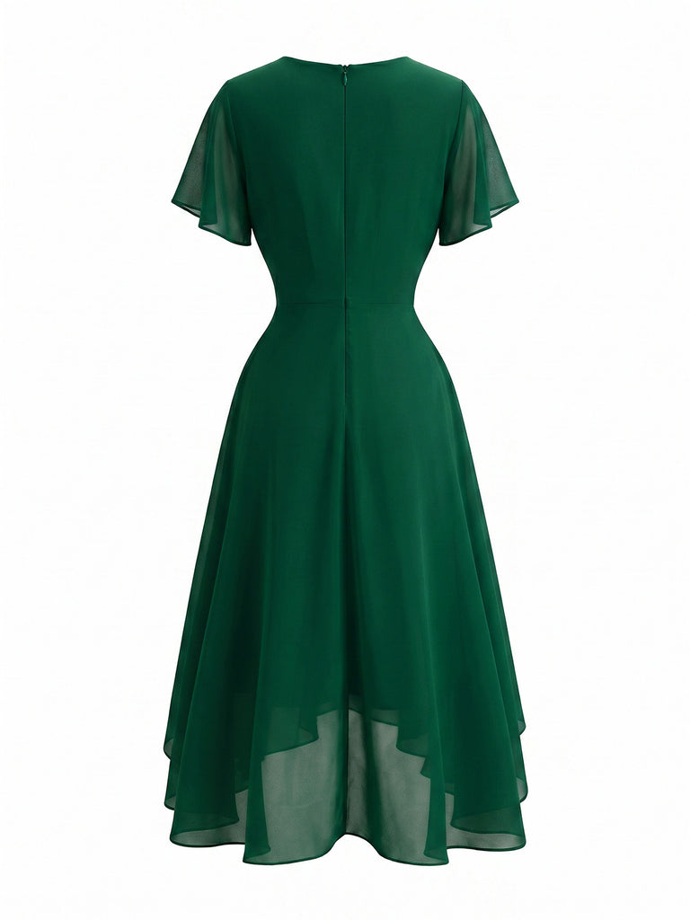 Abito Anni '50 in Chiffon Asimmetrico con Maniche a Volant e Scollo a V