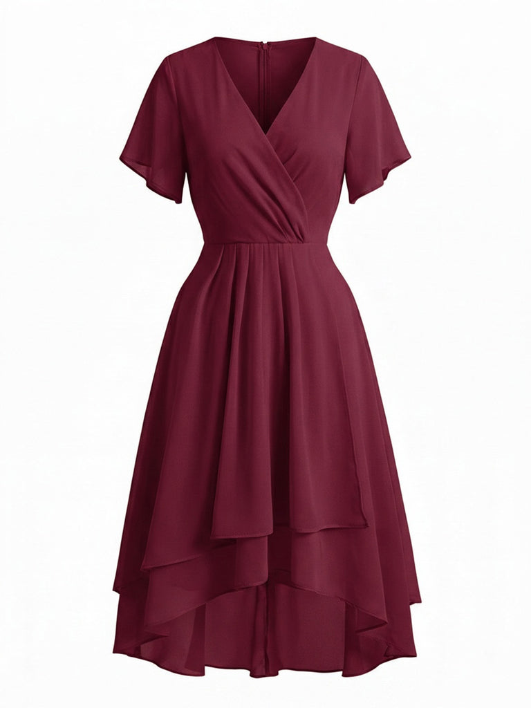 Abito Anni '50 in Chiffon Asimmetrico con Maniche a Volant e Scollo a V