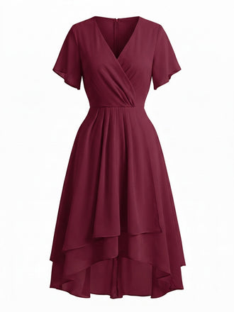 Abito Bordeaux Anni '50 in Chiffon Asimmetrico con Maniche a Volant e Scollo a V