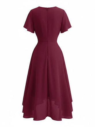 Abito Bordeaux Anni '50 in Chiffon Asimmetrico con Maniche a Volant e Scollo a V