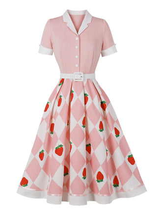 Abito Svasato con Bavero a Quadri e Fragole Colorblock Anni '50
