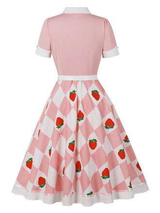 Abito Svasato con Bavero a Quadri e Fragole Colorblock Anni '50 2