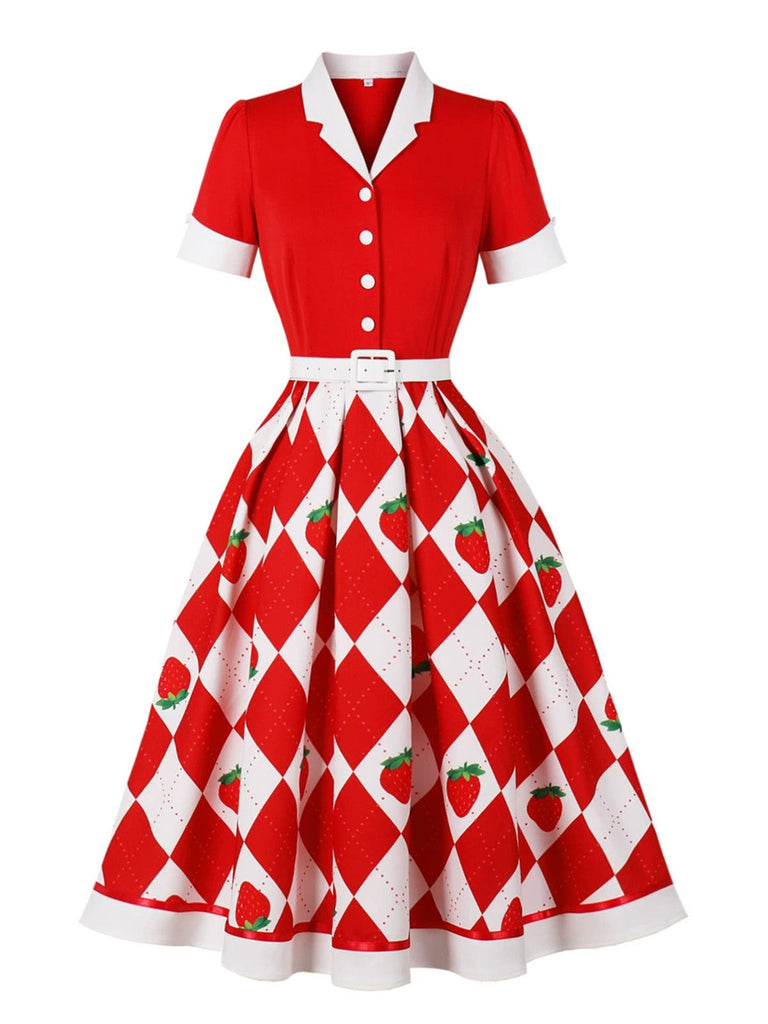 Abito Svasato con Bavero a Quadri e Fragole Colorblock Anni '50 5