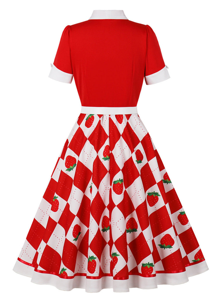 Abito Svasato con Bavero a Quadri e Fragole Colorblock Anni '50 6