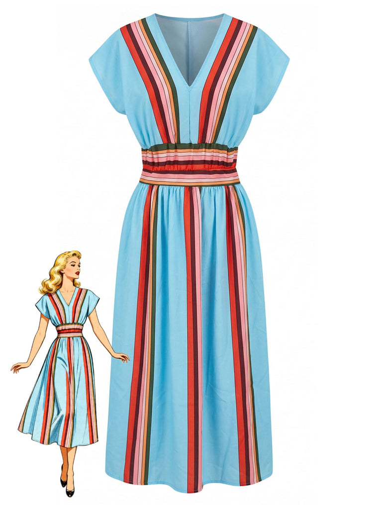 2PCS Top Blu a Righe con Scollo a V e Gonna Anni '40
