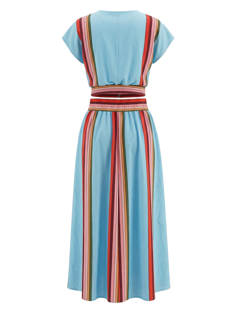 2PCS Top Blu a Righe con Scollo a V e Gonna Anni '40 3