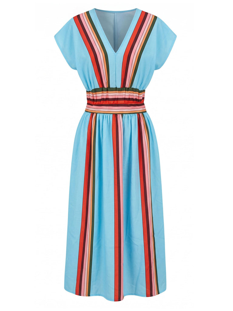 2PCS Top Blu a Righe con Scollo a V e Gonna Anni '40 2