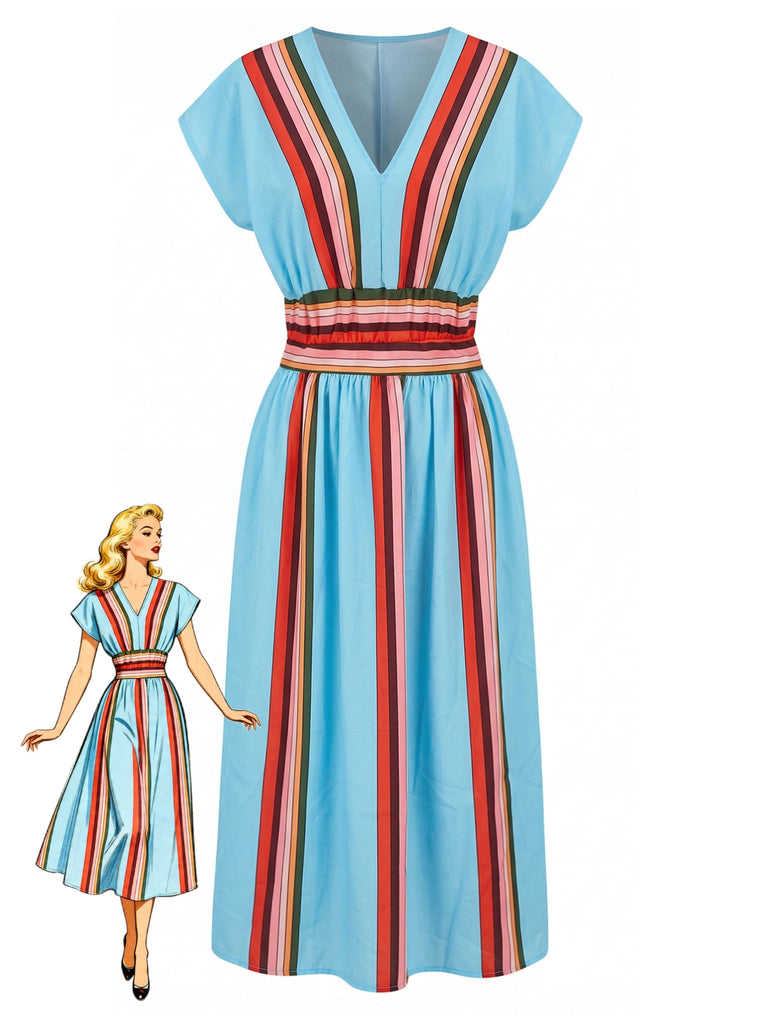 2PCS Top Blu Anni '40 a Righe con Scollo a V e Gonna