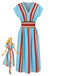 2PCS Top Blu Anni '40 a Righe con Scollo a V e Gonna