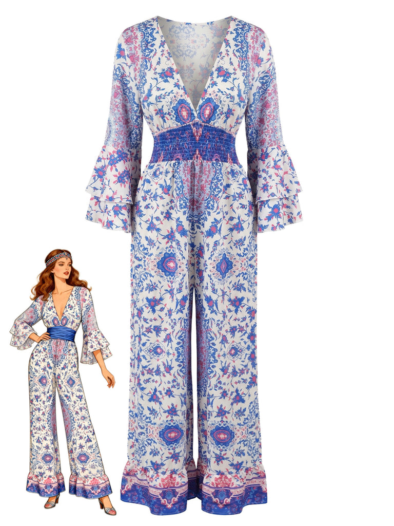 Tuta Lunga Bohemien a Fiorellini con Maniche Svasate Blu Anni '70