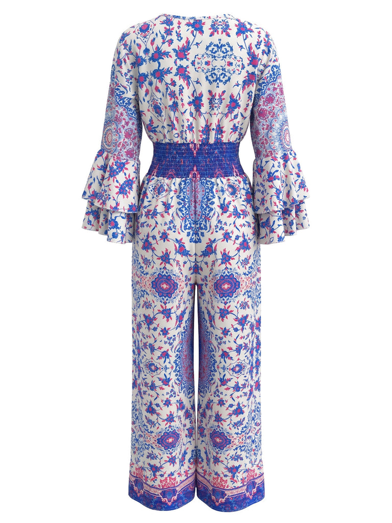Tuta Lunga Bohemien a Fiorellini con Maniche Svasate Blu Anni '70 3