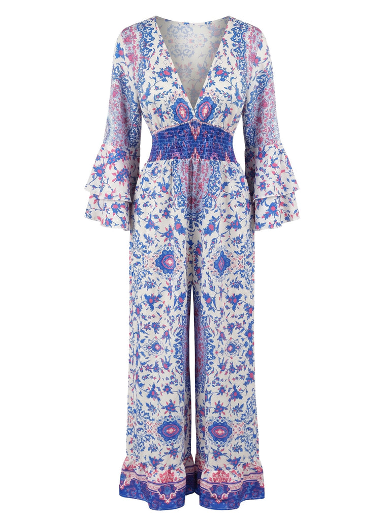 Tuta Lunga Bohemien a Fiorellini con Maniche Svasate Blu Anni '70 2