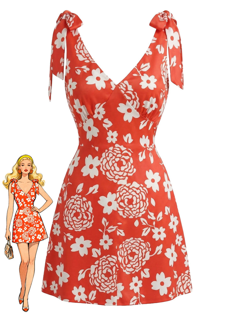 Mini Abito Arancione Anni '70 Floreale con Scollo a V e Spalline Annoate