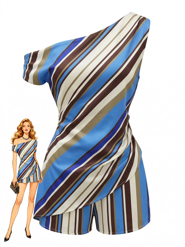 2 Pezzi 2PCS Colorblock a Righe One-Shoulder & Shorts Anni '40