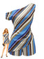 2PCS Top blu con Monospalla Anni '40 Colorblock a Righe e Pantaloncini