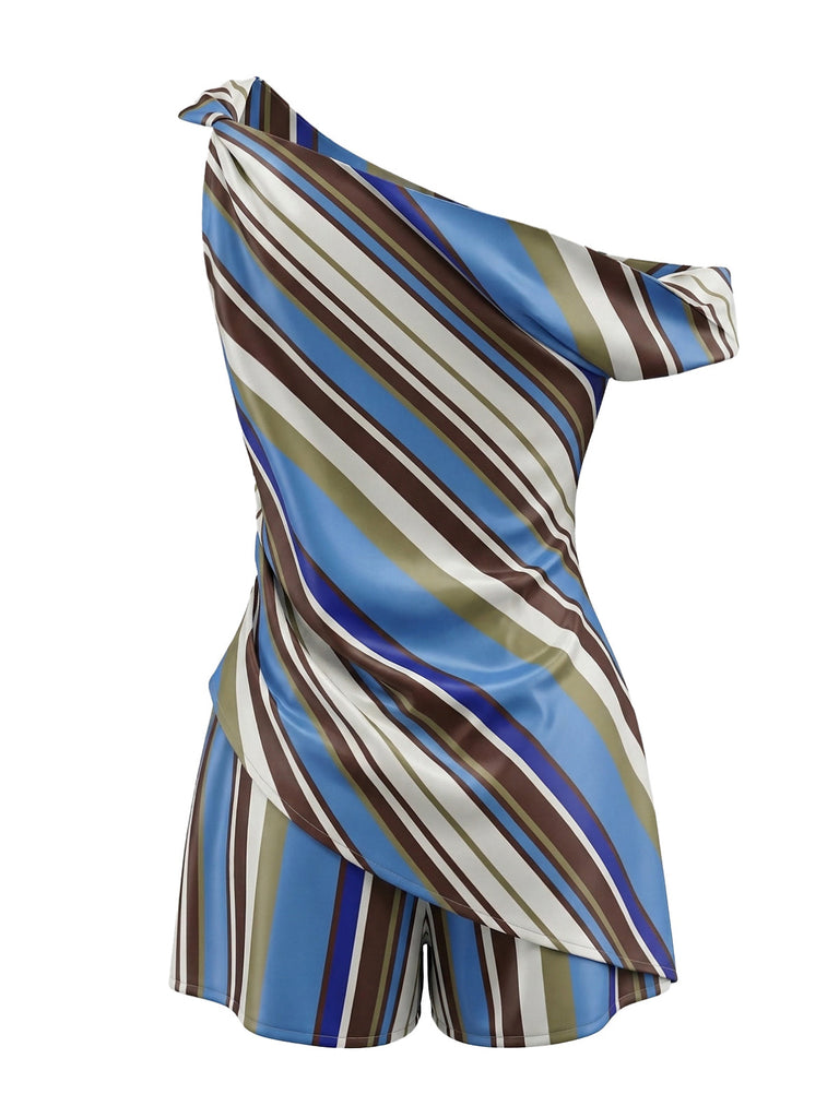 2 Pezzi 2PCS Colorblock a Righe One-Shoulder & Shorts Anni '40 3