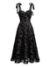 Abito Longuette con Spalline in Velluto Floreale con Lacci Nero Anni '50