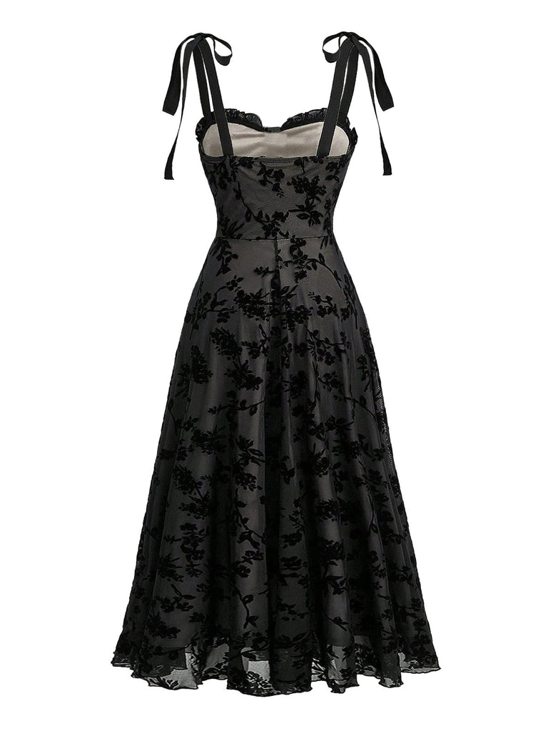 Abito Longuette con Spalline in Velluto Floreale con Lacci Nero Anni '50 2
