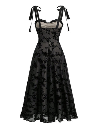 Abito Longuette con Spalline in Velluto Floreale con Lacci Nero Anni '50 2