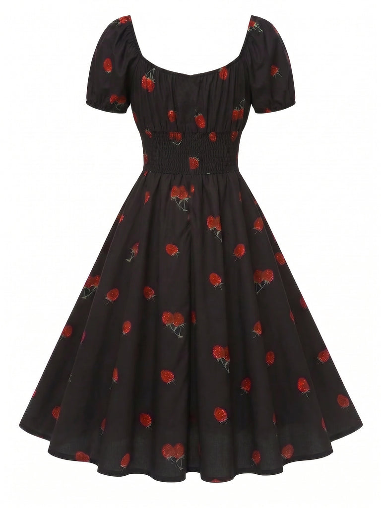 [Prevendita] Abito Midi Nero Anni '50 Mela di Fragola con Scollo Quadrato
