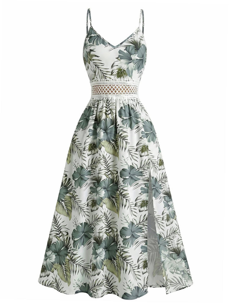 Abito Verde Tropicale Floreale Boho con Spalline Anni '70 2
