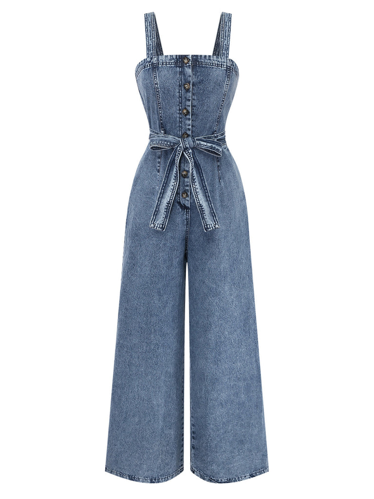 Blue 1930s Denim Button Front Belted Jumpsuit