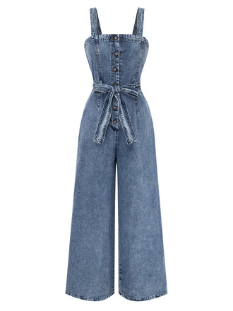 Blue 1930s Denim Button Front Belted Jumpsuit