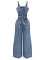 Tuta Lunga Blu Anni '30 in Denim con Bottoni e Spalline Larghe
