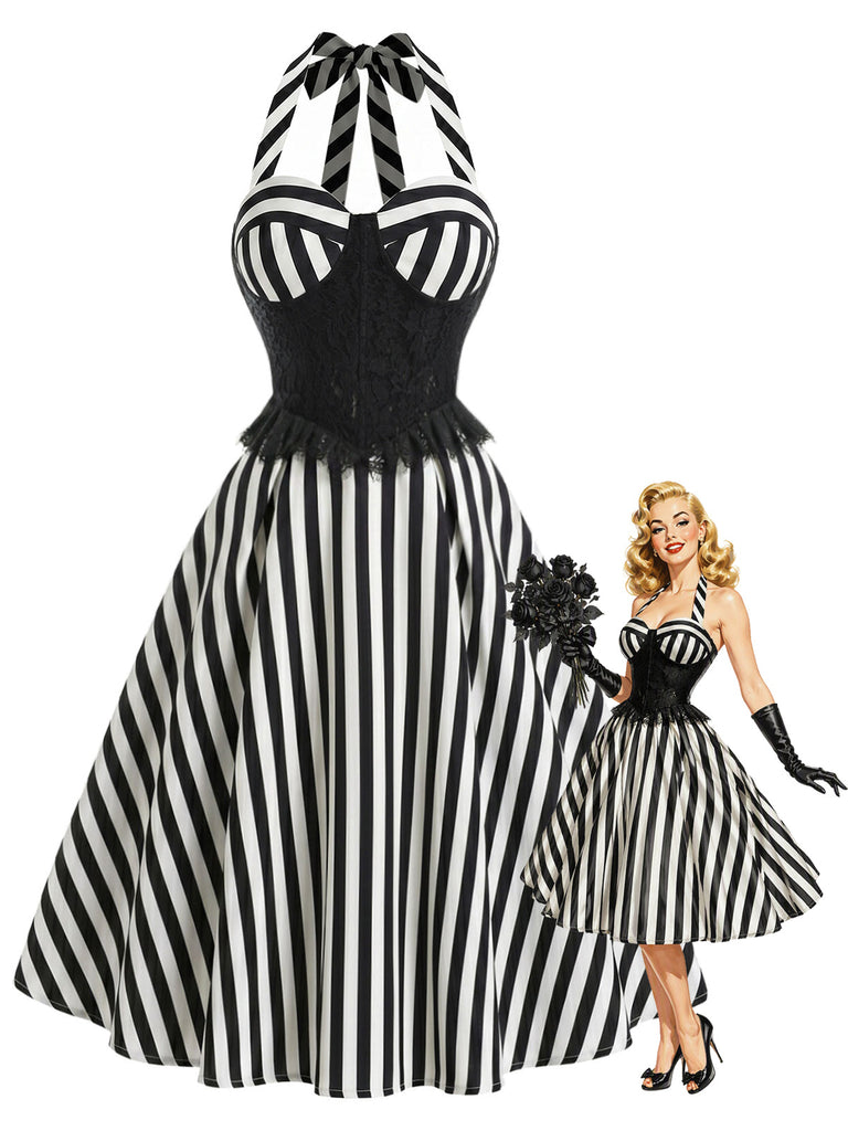 [Prevendita] Abito a Ruota Nero Anni '50 in Pizzo Panel a Righe con Scollo all'Americana
