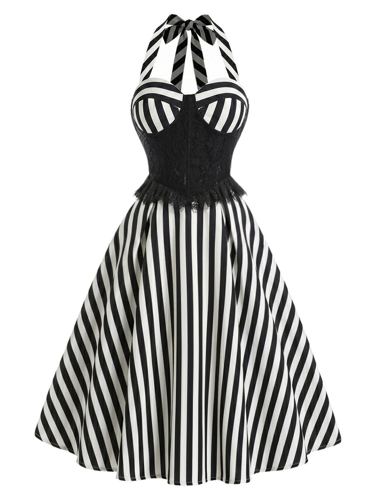 [Prevendita] Abito a Ruota Nero Anni '50 in Pizzo Panel a Righe con Scollo all'Americana 2