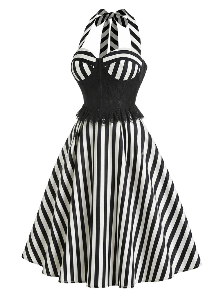 [Prevendita] Abito a Ruota Nero Anni '50 in Pizzo Panel a Righe con Scollo all'Americana 3