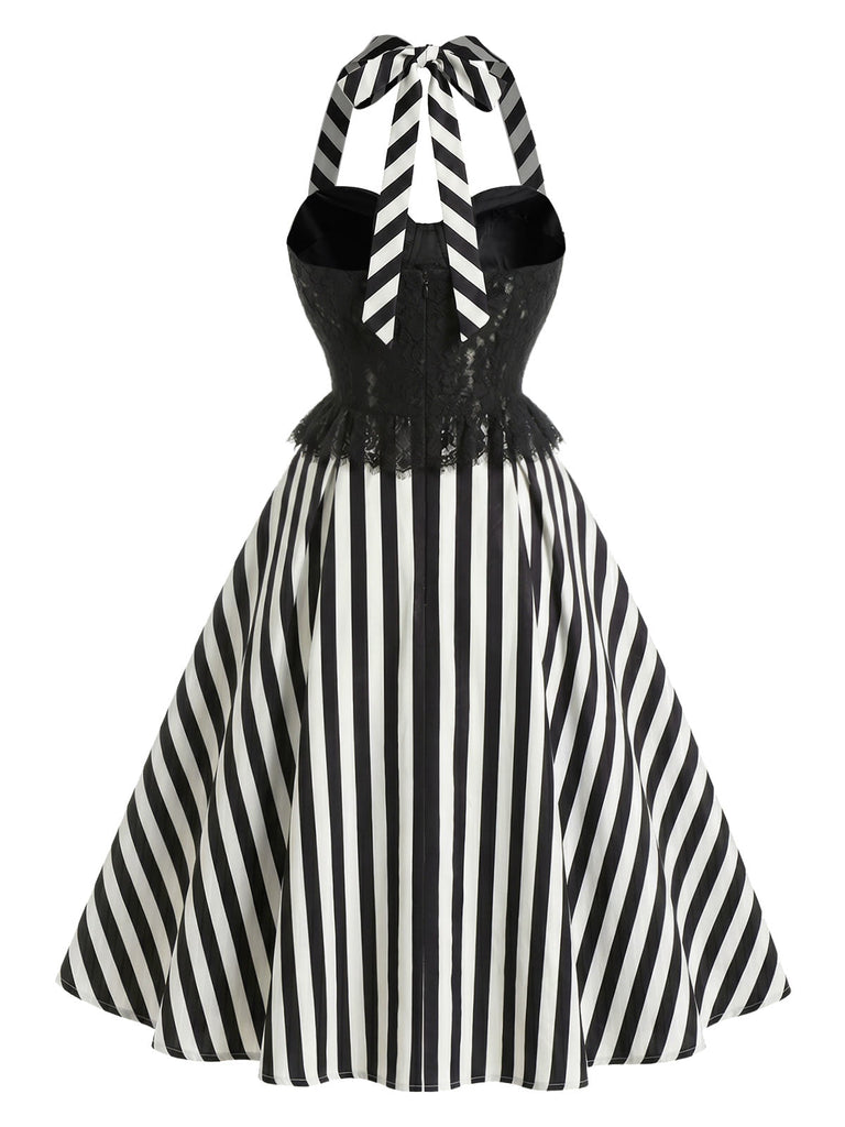 [Prevendita] Abito a Ruota Nero Anni '50 in Pizzo Panel a Righe con Scollo all'Americana 4