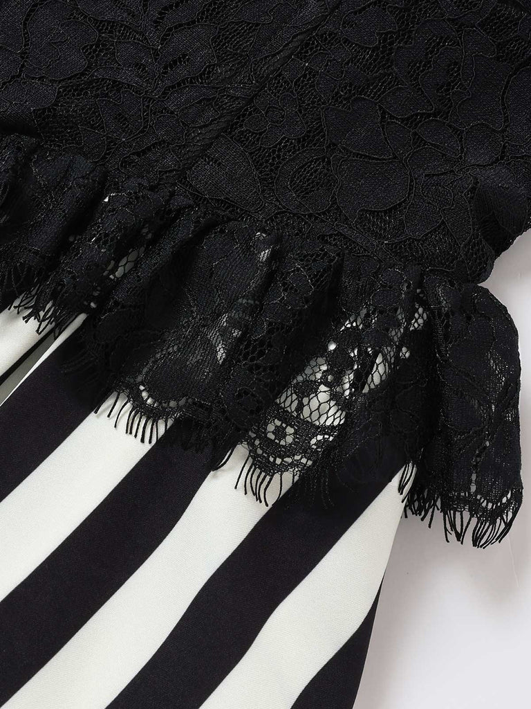 [Prevendita] Abito a Ruota Nero Anni '50 in Pizzo Panel a Righe con Scollo all'Americana 6