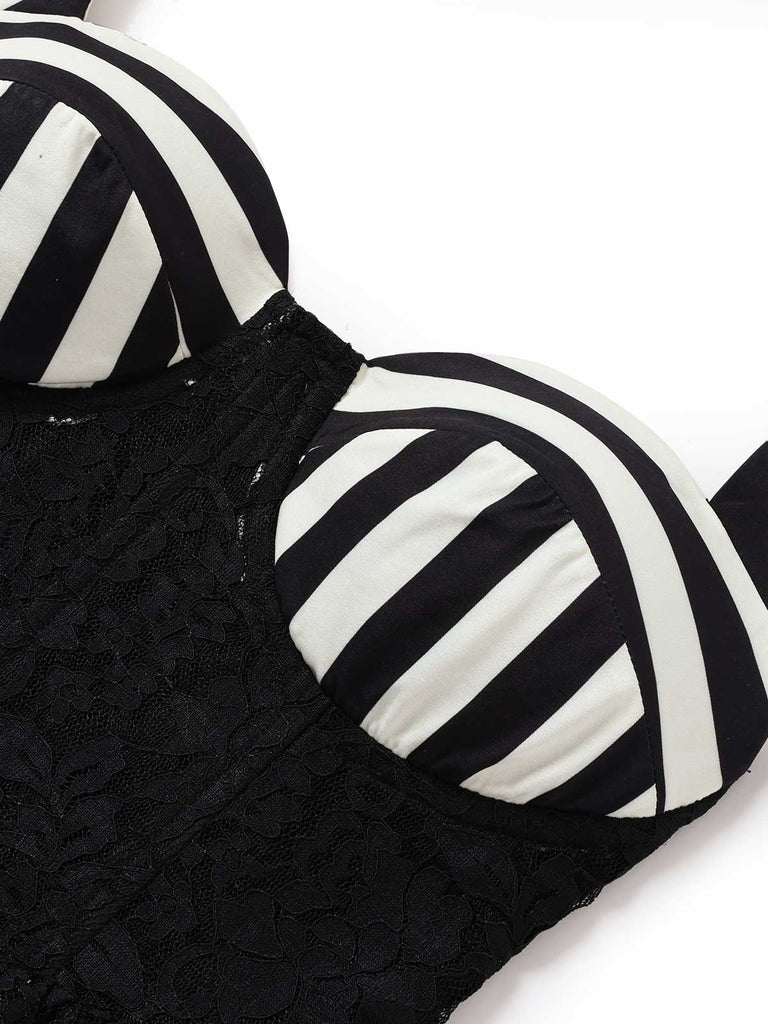 [Prevendita] Abito a Ruota Nero Anni '50 in Pizzo Panel a Righe con Scollo all'Americana 5
