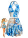 2PCS Top Blu Anni '70 con Arricciato e Stampa Marmo e Gonna