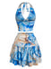 2PCS Top Blu Anni '70 con Arricciato e Stampa Marmo e Gonna