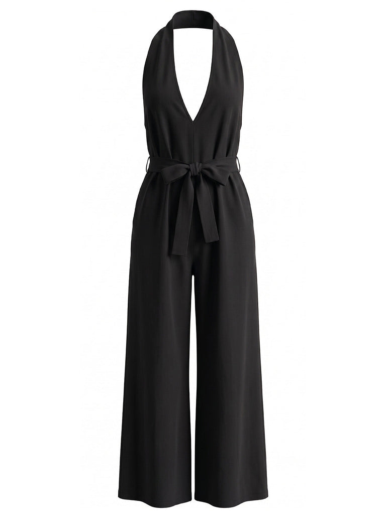 1930s Halter V-Neck Belted Wide Leg Jumpsuit