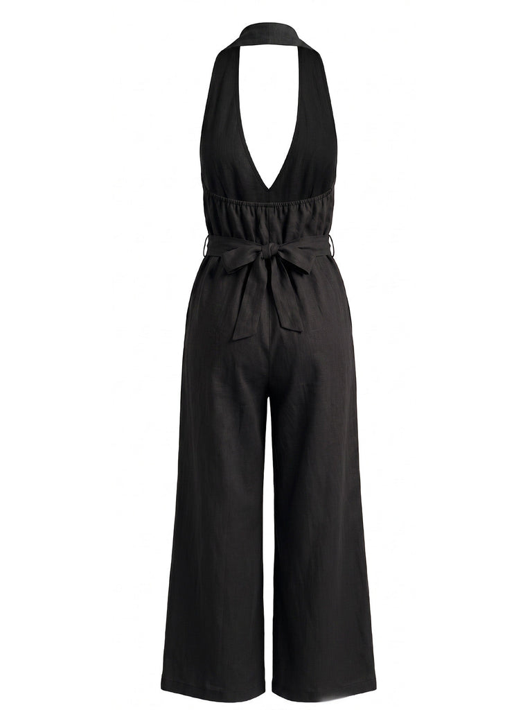 1930s Halter V-Neck Belted Wide Leg Jumpsuit 2