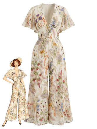 [Prevendita] Tuta Lunga Floreale Scollo a V in Chiffon Maniche a Farfalla - Multicolore Anni '50