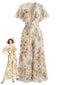 [Prevendita] Tuta Lunga Multicolore Anni '50 Floreale in Chiffon con Maniche a Farfalla