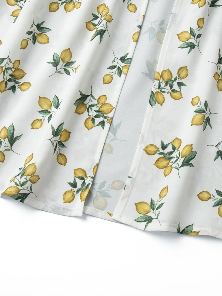 Abito con Scollo a V con Stampa Limoni e Spacco Laterale a Vita Alta Anni '50 8