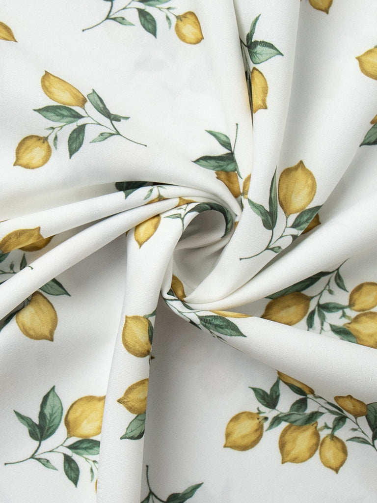 Abito con Scollo a V con Stampa Limoni e Spacco Laterale a Vita Alta Anni '50 9