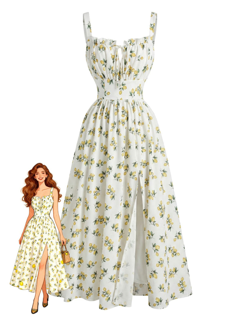 Abito con Scollo a V con Stampa Limoni e Spacco Laterale a Vita Alta Anni '50