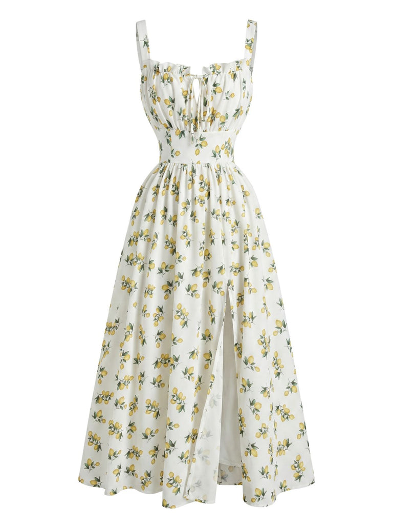 Abito con Scollo a V con Stampa Limoni e Spacco Laterale a Vita Alta Anni '50 2