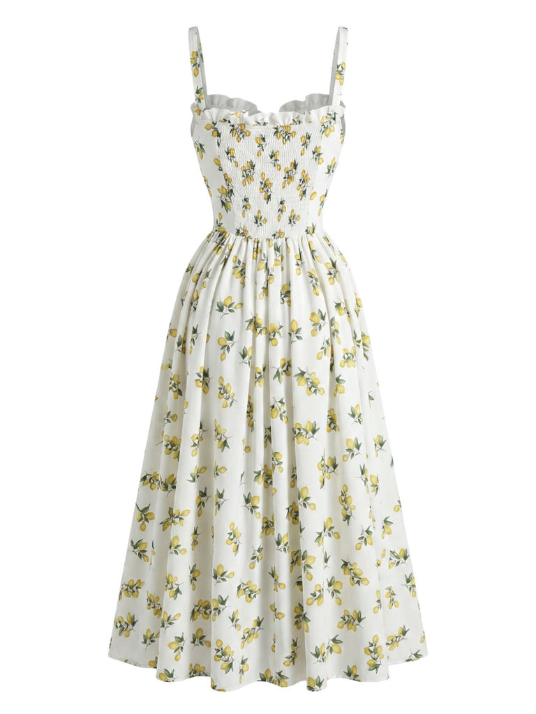 Abito con Scollo a V con Stampa Limoni e Spacco Laterale a Vita Alta Anni '50 5