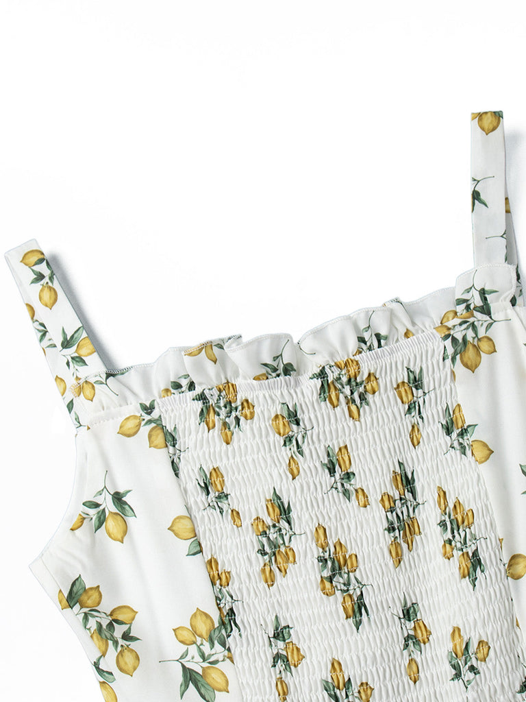 Abito con Scollo a V con Stampa Limoni e Spacco Laterale a Vita Alta Anni '50 6
