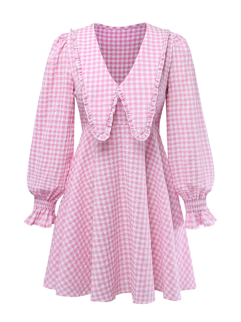 Pink 1950s Vintage Plaid V Neck Dress 1