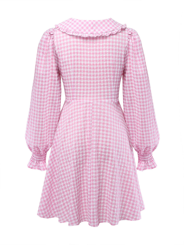 Pink 1950s Vintage Plaid V Neck Dress 2